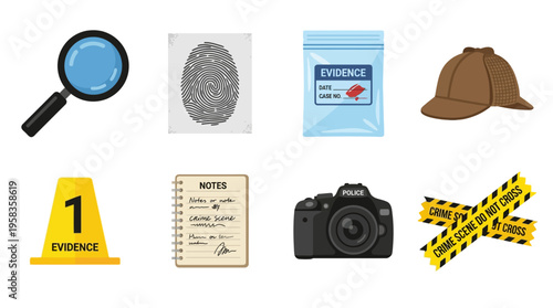 Police investigate crime scene with evidence bag hat magnifying glass tape and camera