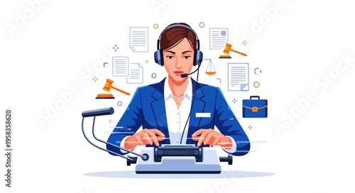 Professional Court Reporter Typing Fast with Headset.