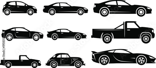 Comprehensive collection of car silhouettes vector set featuring sports cars pickup trucks sedans and vintage vehicle icons for automotive design.