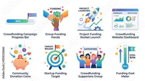 Vector illustration of a crowdfunding campaign with progress bar, funding hands, and supporters.