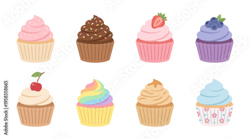 A vector illustration of colorful cupcakes with various frostings and toppings on a clean white background.
