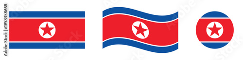 North Korea National Flag Vector Collection with Flat Waving and Circular Design Elements