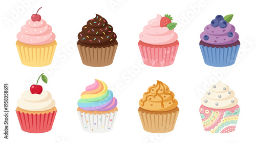 A vector illustration of various cupcakes with colorful frosting and toppings on a plate