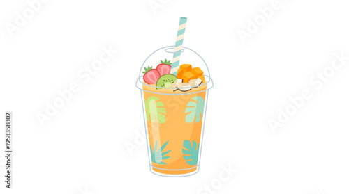 Refreshing Tropical Fruit Smoothie in a Clear Plastic Cup.