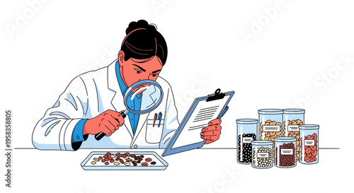 Scientist Examining Samples with Magnifying Glass and Clipboard.