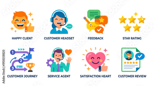 Customer service team provides excellent support with vector graphics showing happy clients and ratings