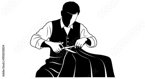 Tailor cutting fabric with scissors for custom clothing.