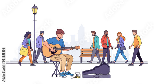 Street musician playing acoustic guitar for passersby.