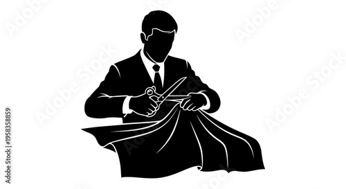 Tailor cutting fabric with scissors in a studio.