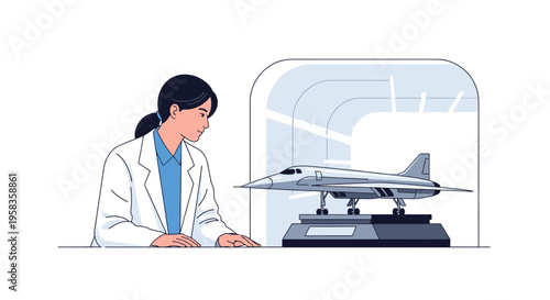 Scientist examining supersonic aircraft model in laboratory setting.