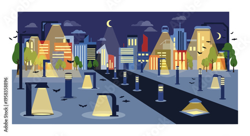 Streetlights Illuminate a Cityscape at Night.