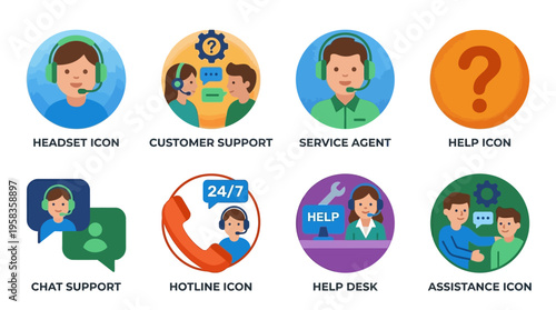 Vector icons illustrate customer support services with headset, service agent, and help desk assistance in a modern vector graphic.