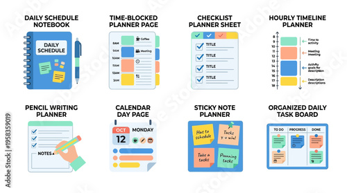 A vector illustration of various colorful daily planners and organizers on a table with a sticky note, calendar, and notebook for business and productivity.