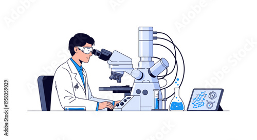 Scientist examining sample under advanced microscope in laboratory setting.