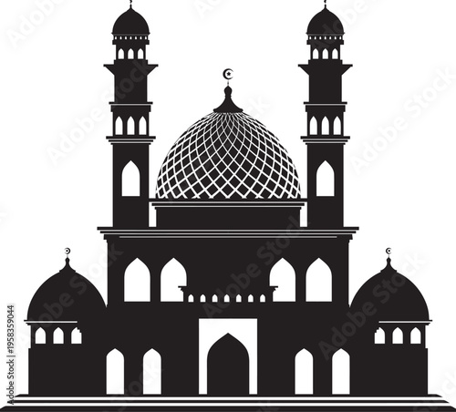 Majestic mosque silhouette with a patterned dome and twin minarets