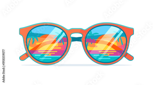 Stylish Round Sunglasses Reflecting Tropical Sunset Scene.