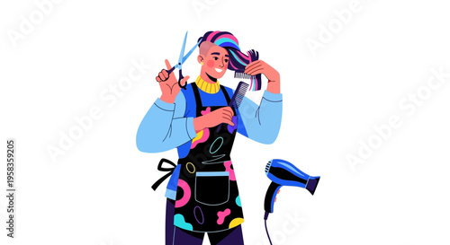 Stylist with colorful hair cutting clients hair.