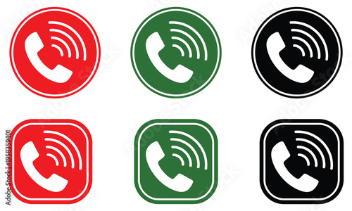 Phone call accept and decline buttons icon set, green and red phone call buttons for mobile apps, incoming call accept reject phone icons, telephone call answer and decline symbols.