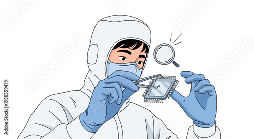 Scientist in protective suit examining sample with magnifying glass.