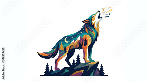 Stylized Wolf Howling at the Moon in a Vibrant Landscape.