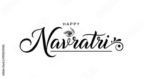 Black and white typographic design with 'Happy Navratri' text and decorative elements on a plain white background.