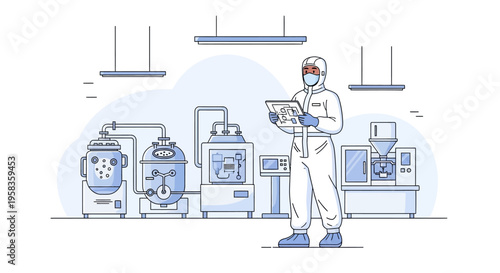 Scientist in sterile suit holding tablet in laboratory.