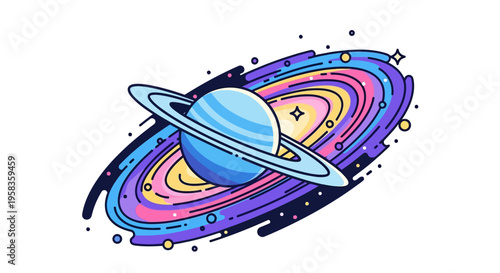 Stylized Saturn planet with colorful rings and stars.