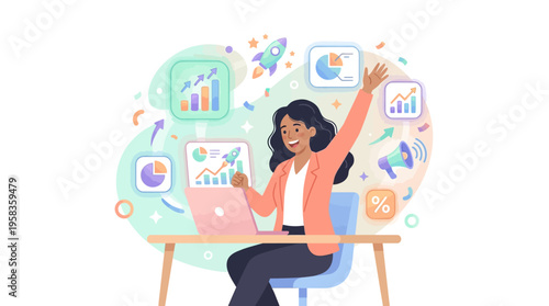 Successful businesswoman celebrating achievements at her desk.