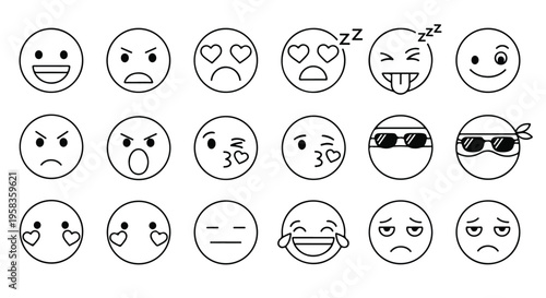 A flat lay of various emoticon faces in black outline on a white background, conveying a range of emotions and expressions.