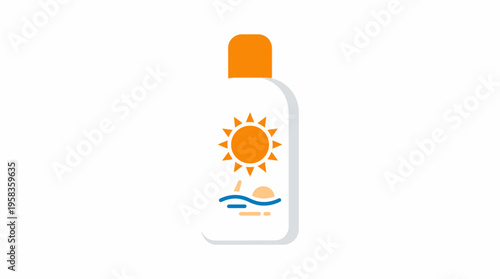 Sunscreen bottle with sun and waves illustration.