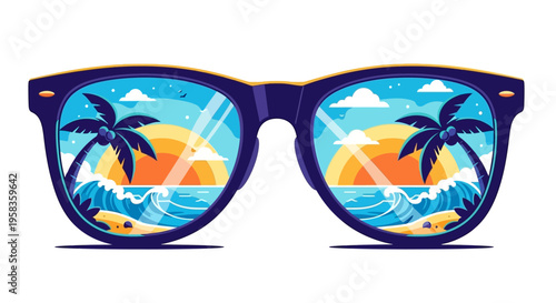 Sunglasses Reflecting Tropical Beach Sunset Scene.