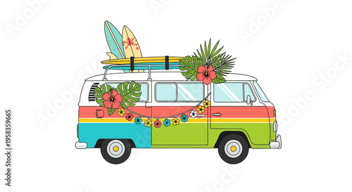 Retro Camper Van Decorated with Tropical Flowers and Surfboards.