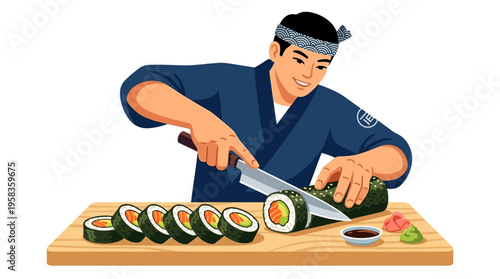 Skilled Chef Expertly Slicing Fresh Sushi Rolls on Wooden Board.