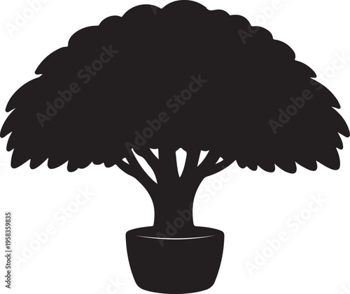 A monochrome depiction of a tree in a pot, highlighting the texture of the bark and the shape of the foliage