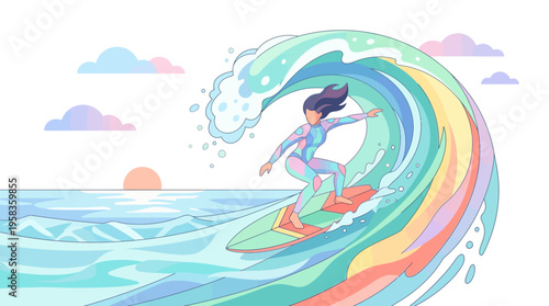 Surfer girl rides a colorful rainbow wave.