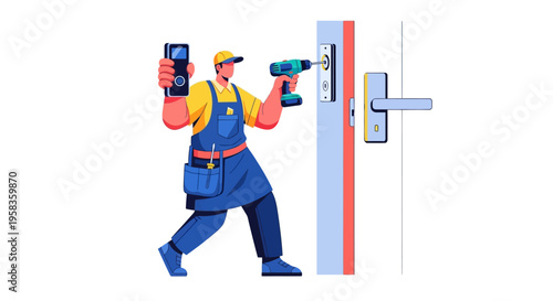 Professional locksmith installing a new door lock with a drill.