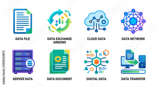 Vector graphics illustrate a modern data network with cloud data exchange arrows and digital documents on a server.