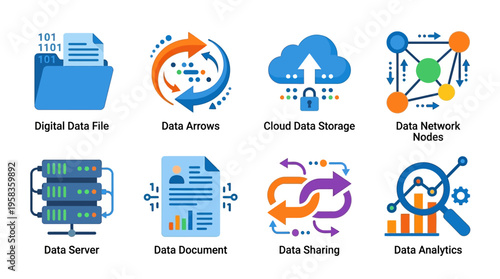 A vector graphic illustration shows data server, arrows, cloud storage, network nodes, document, sharing, and analytics icons together.