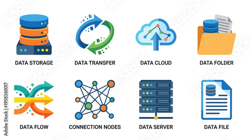 Vector illustration of data storage and transfer process with server network connection nodes and files.