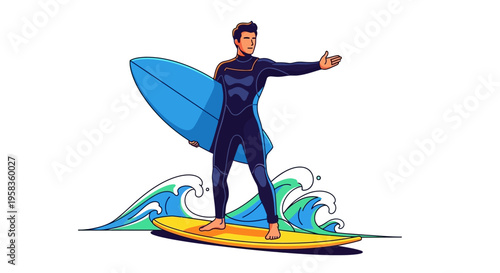 Surfer Riding Wave on Surfboard Illustration.