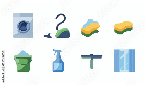 Flat cleaning icons set with washing machine vacuum cleaner sponge and laundry tools vector collection