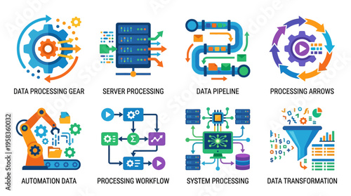 A vector illustration showcasing various data processing concepts including gear, server, pipeline, arrows, automation, workflow, system, and transformation in a vibrant and colorful style.