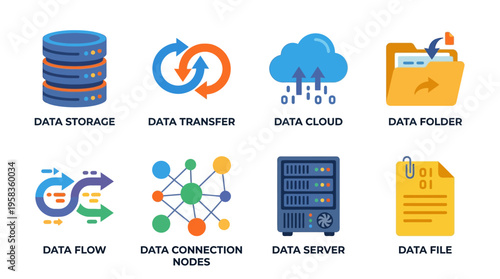 A vector illustration of a data storage system with a server, cloud, and folder, showcasing data transfer, flow, and connection nodes, in a digital environment.