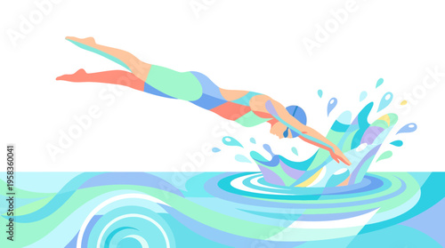 Swimmer dives into water with colorful splash.
