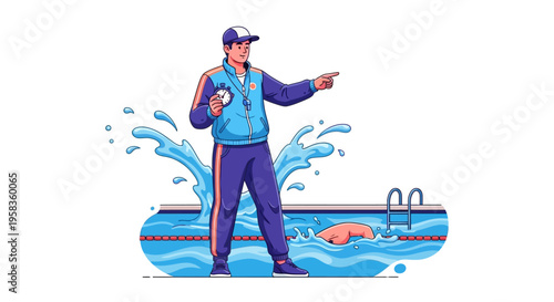 Swimming coach giving instructions by the pool.