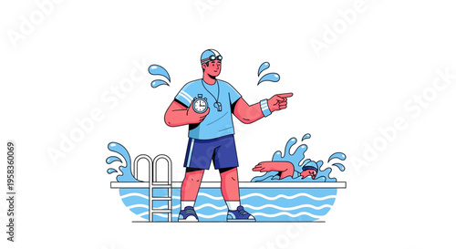 Swimming coach with stopwatch guiding athlete in pool.
