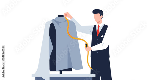 Tailor measuring a garment on a mannequin with a tape measure.
