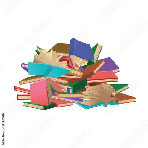 A chaotic pile of books stacked randomly on a white background. Concept of knowledge, learning overload, education, and disorganized information, isolated for versatile design use.