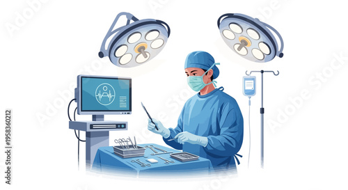Surgeon in sterile operating room with advanced medical equipment.