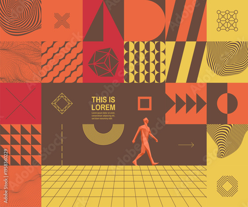 Art composition. An abstract man striding forward. 3D modelling of human body in virtual space. A leadership or development concept. Geometric pattern. Vector for cover, card, brochure or presentation